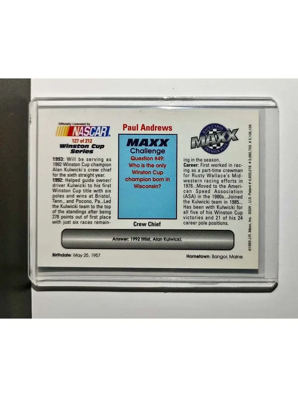 Paul Andrews 1993 Maxx Premier Plus Racing #127 NASCAR Card AK Racing